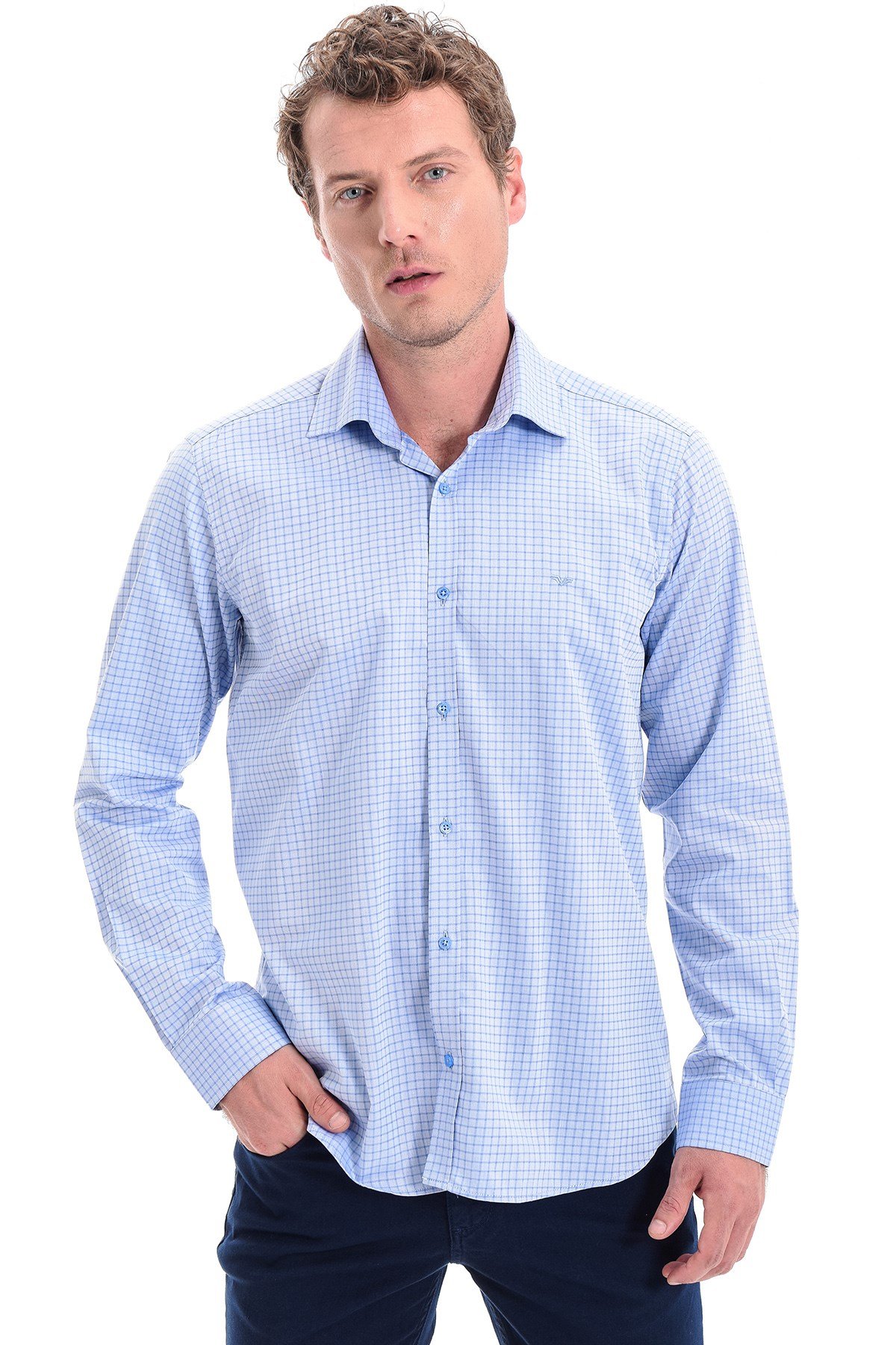  Morven Erkek Mavi %100 Pamuk Agrive Slim Fit Dar Kesim Sert Yaka Uzun Kollu Gömlek