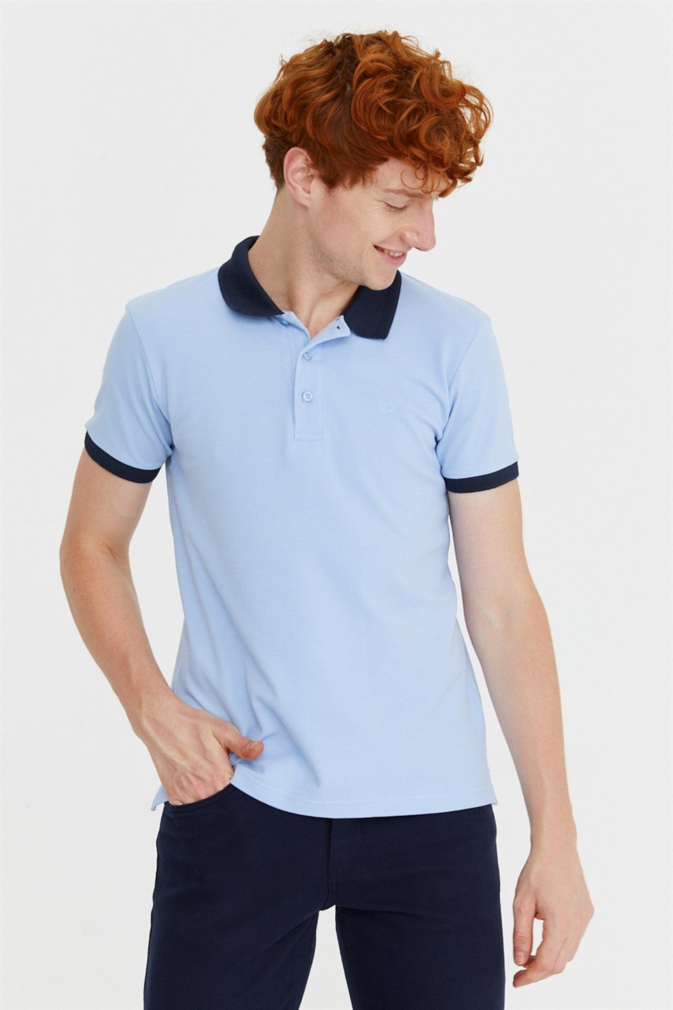  Morven Erkek Mavi Basic Polo Yaka Cepsiz Dynamik Fit Rahat Kesim T-Shirt