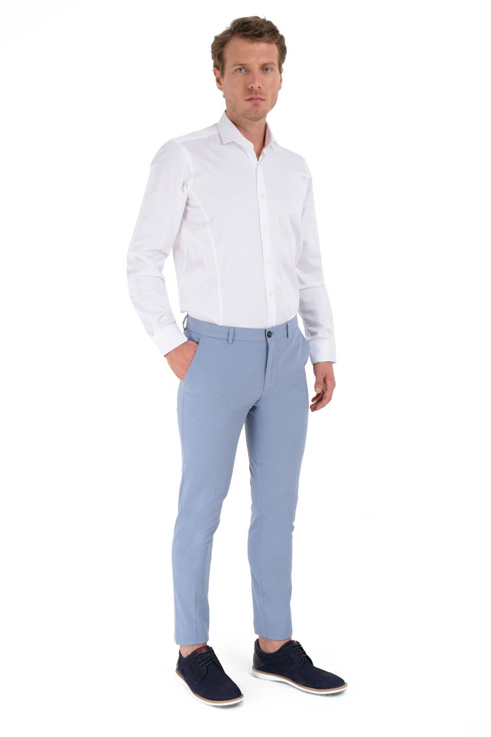  Morven Erkek Mavi Flora Pamuklu Slim Fit Yan Cep Keten Pantolon