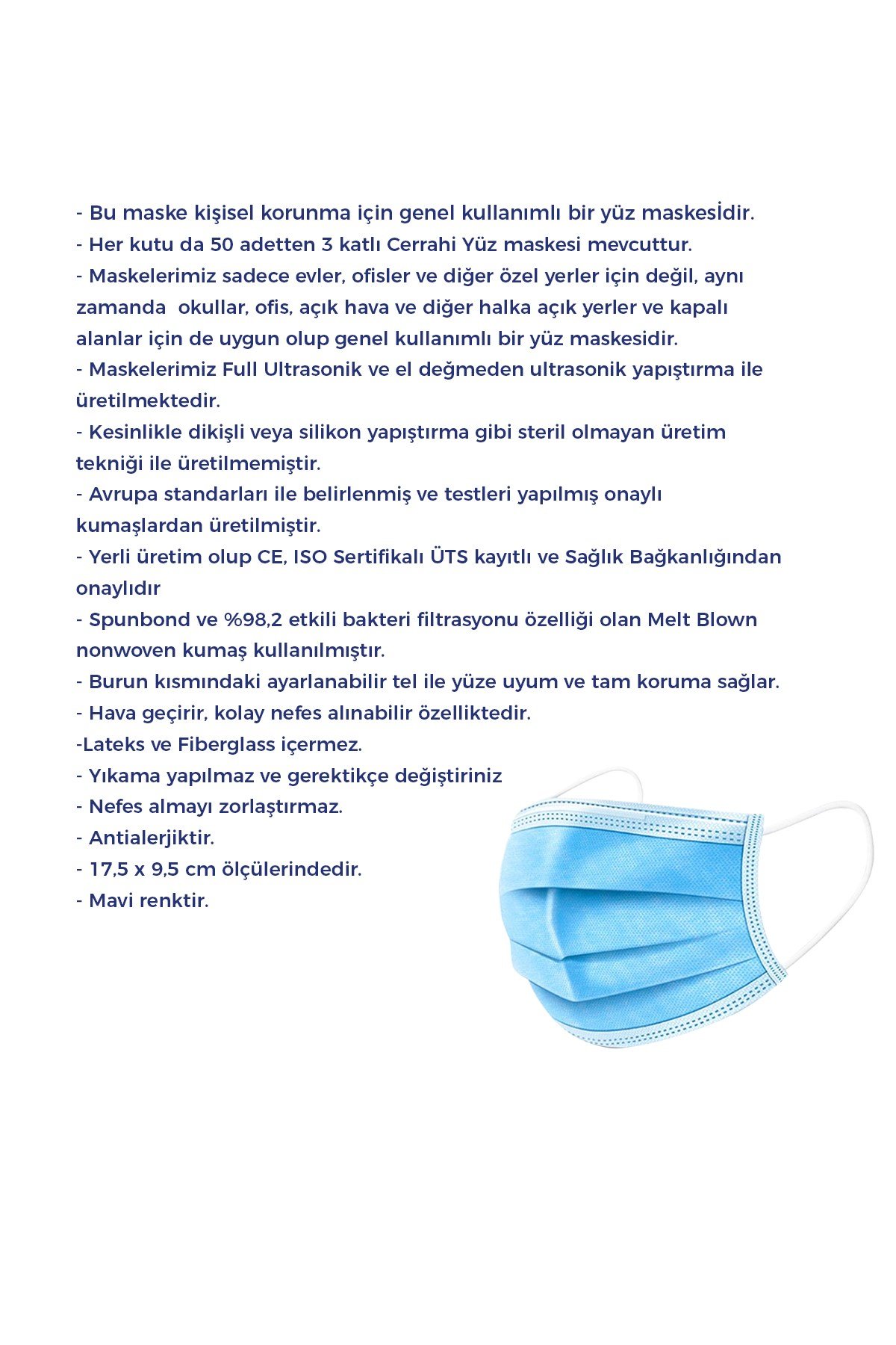  Morven Erkek Mavi Melantis Medikal Telli 3 Katlı Cerrahi Maske 50 Adet* 3  Kutu Mavi