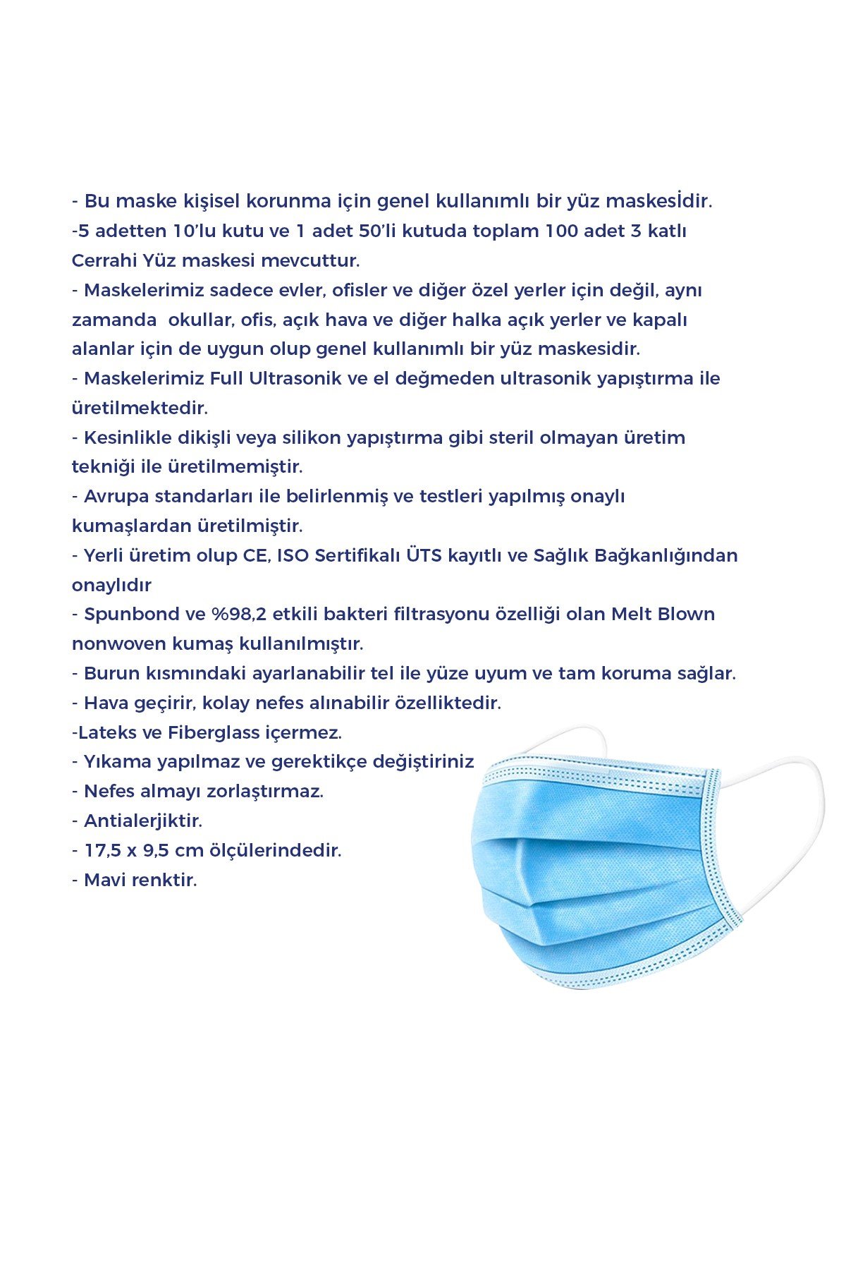  Morven Erkek Mavi MELANTİS MEDİKAL Tek Kullanımlık 3 Katlı Telli Cerrahi Maske 10 Kutu 500 Adet  Mavi