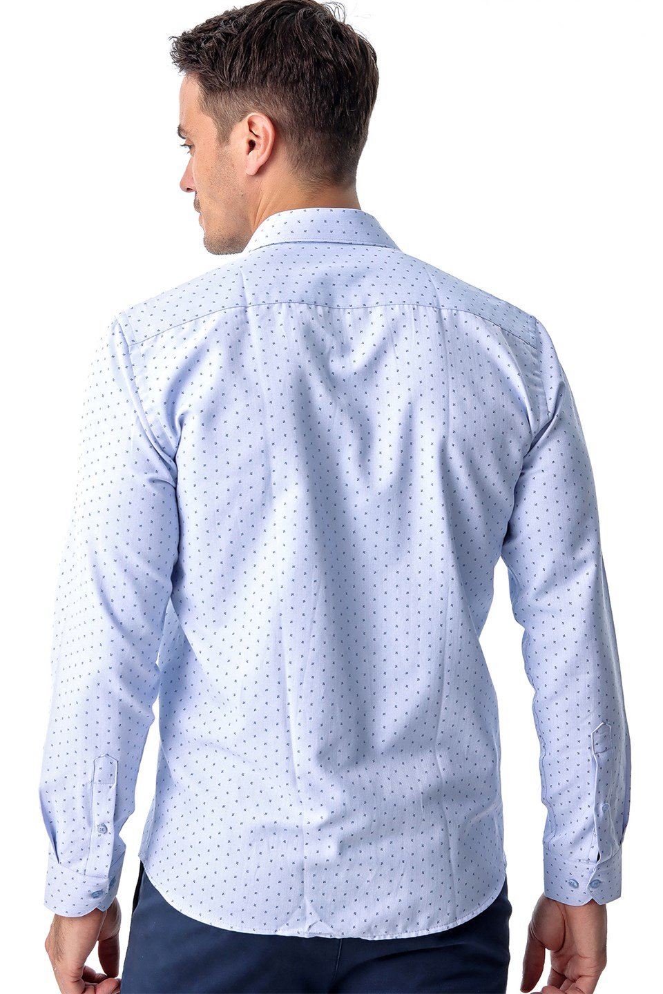  Morven Erkek Mavi Pamuklu Slim Fit Dar Kesim Jakarlı Desenli İtalyan Yaka Uzun Kollu Gömlek