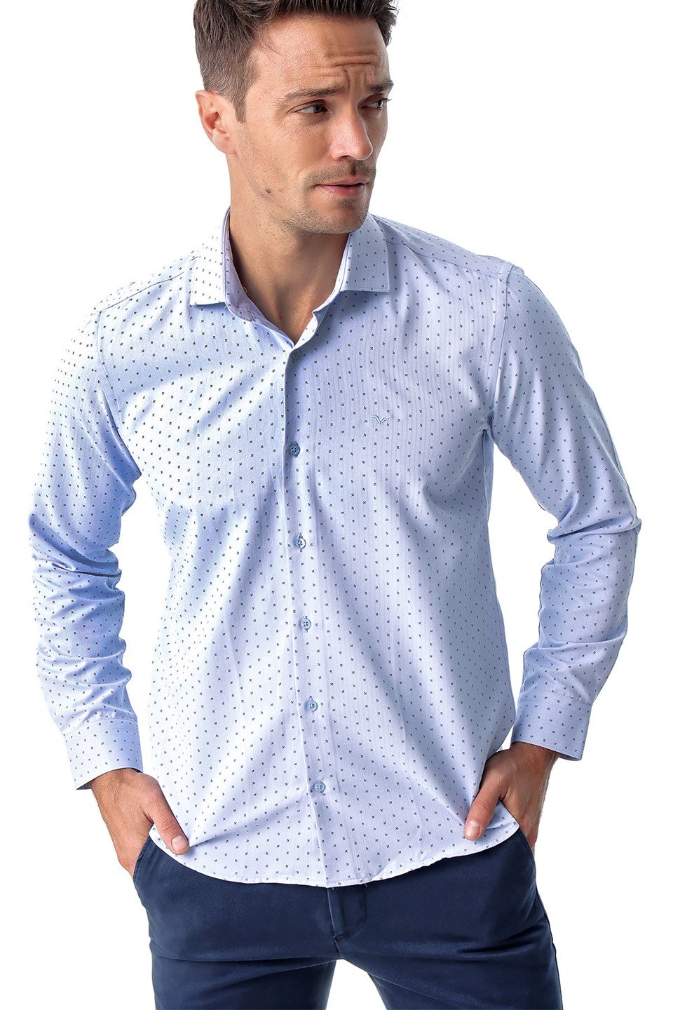  Morven Erkek Mavi Pamuklu Slim Fit Dar Kesim Jakarlı Desenli İtalyan Yaka Uzun Kollu Gömlek
