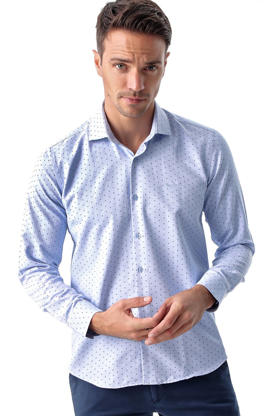  Morven Erkek Mavi Pamuklu Slim Fit Dar Kesim Jakarlı Desenli İtalyan Yaka Uzun Kollu Gömlek