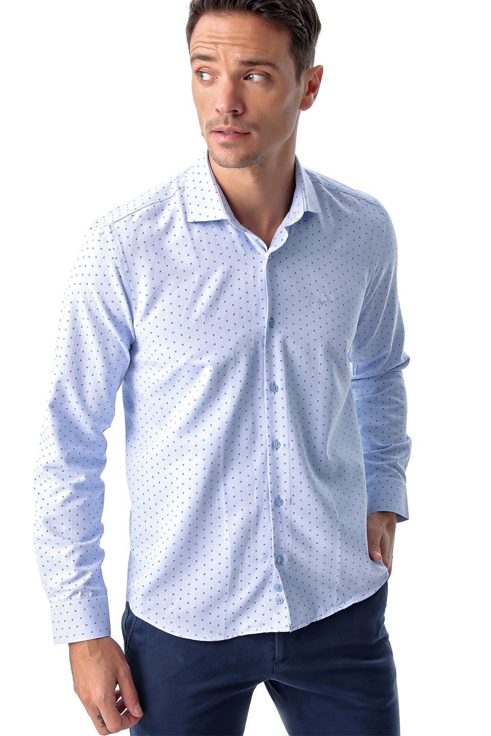  Morven Erkek Mavi Pamuklu Slim Fit Dar Kesim Jakarlı Desenli İtalyan Yaka Uzun Kollu Gömlek