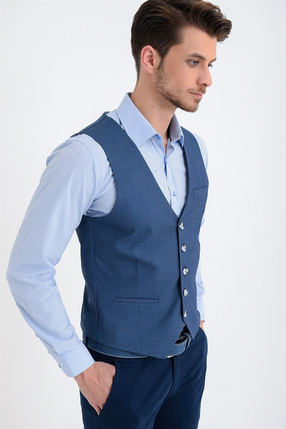  Morven Erkek Mavi Percia Slim Fit Dar Kesim Jakarlı V Yaka Yelek