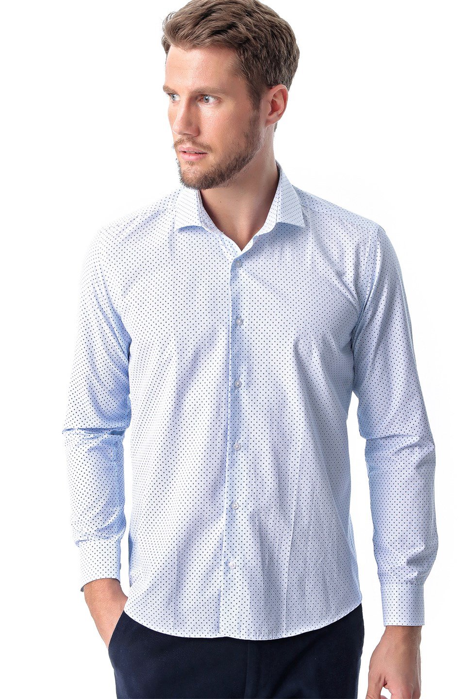 Morven Erkek Mavi Saldera Slim Fit Dar Kesim Baskılı İtalyan Yaka Uzun Kollu Gömlek