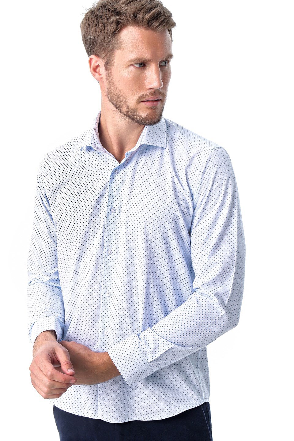  Morven Erkek Mavi Saldera Slim Fit Dar Kesim Baskılı İtalyan Yaka Uzun Kollu Gömlek