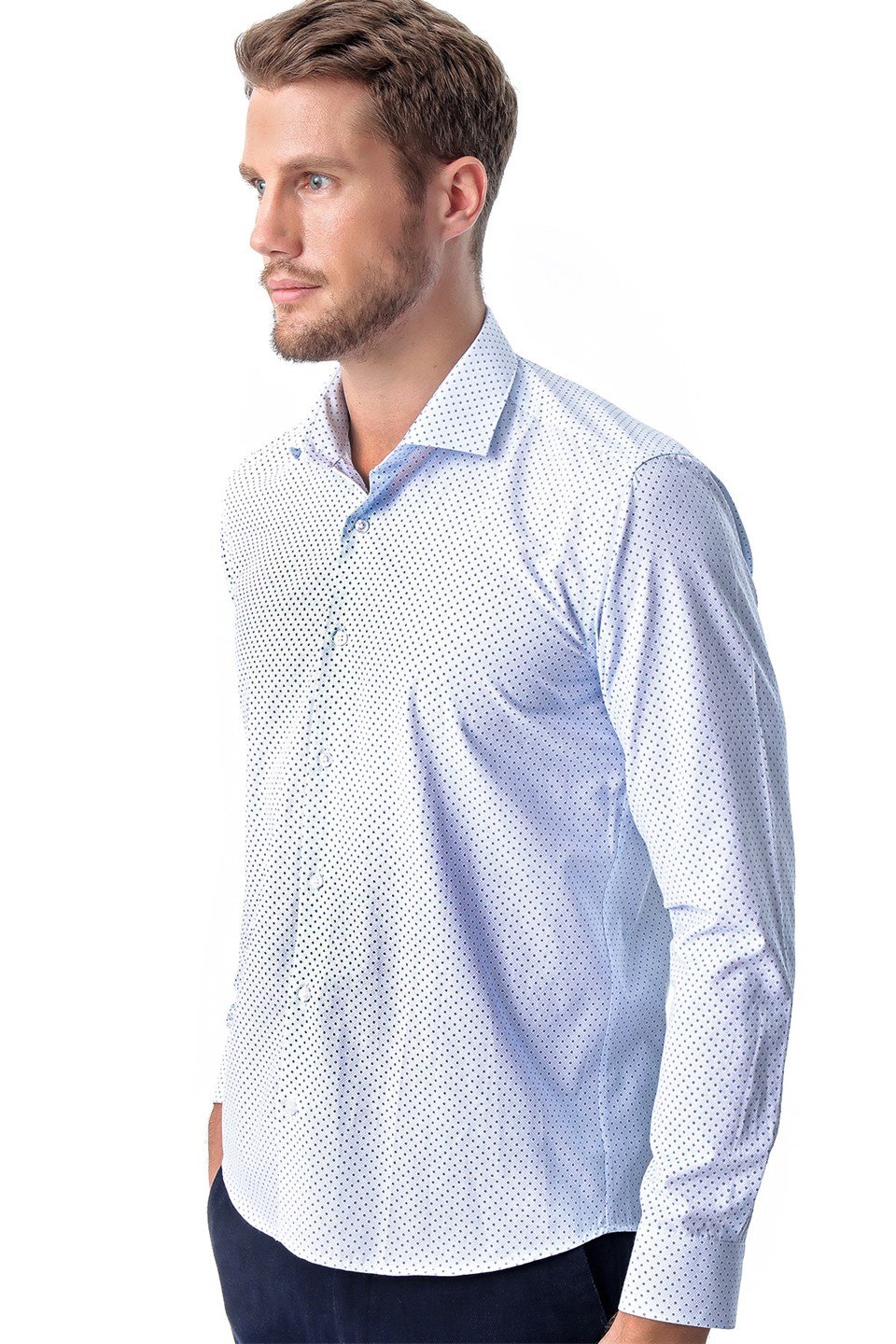  Morven Erkek Mavi Saldera Slim Fit Dar Kesim Baskılı İtalyan Yaka Uzun Kollu Gömlek