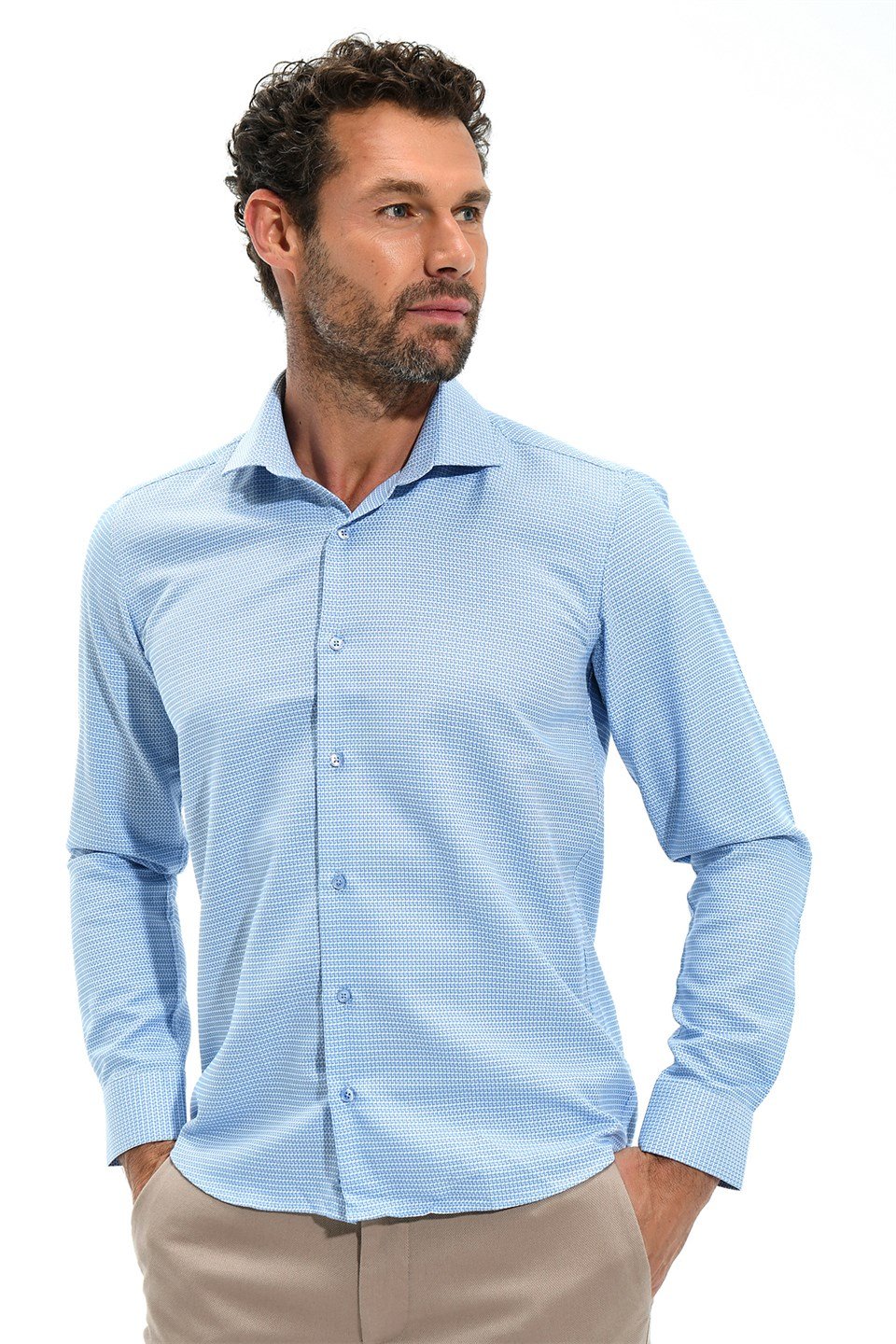  Morven Erkek Mavi Saldera Slim Fit Jakarlı İtalyan Yaka Uzun Kollu Gömlek