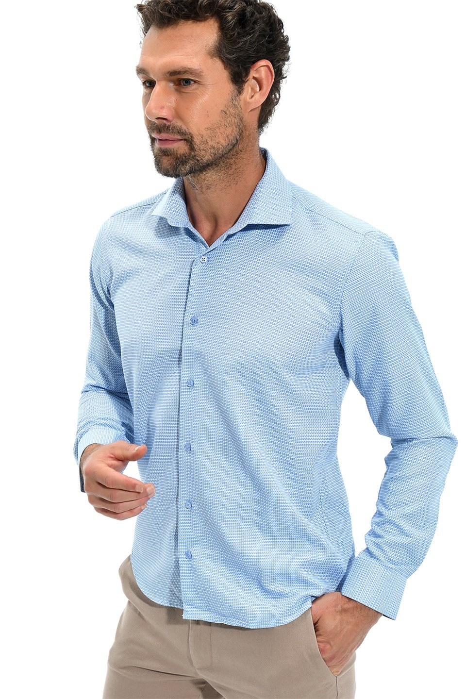  Morven Erkek Mavi Saldera Slim Fit Jakarlı İtalyan Yaka Uzun Kollu Gömlek