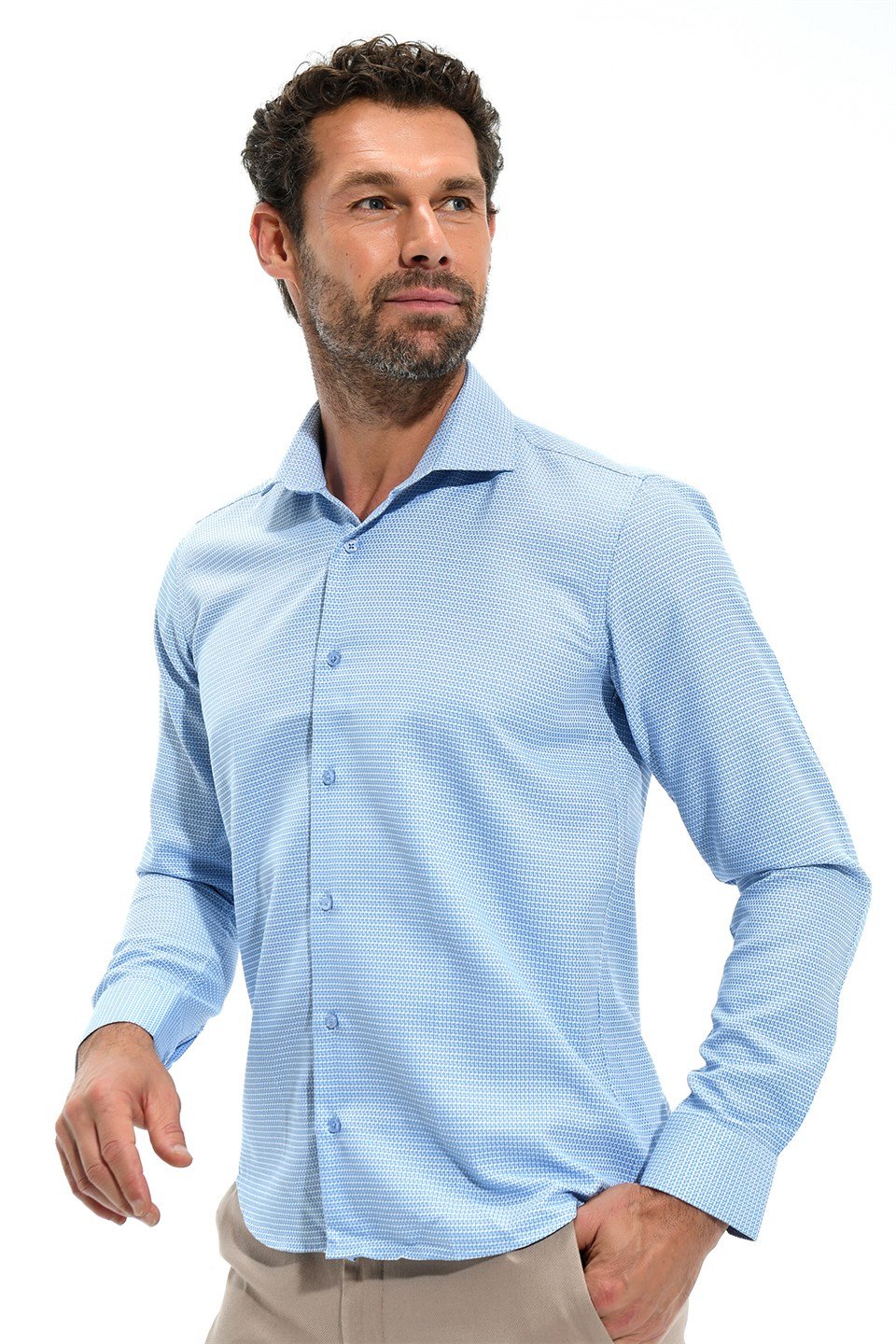  Morven Erkek Mavi Saldera Slim Fit Jakarlı İtalyan Yaka Uzun Kollu Gömlek
