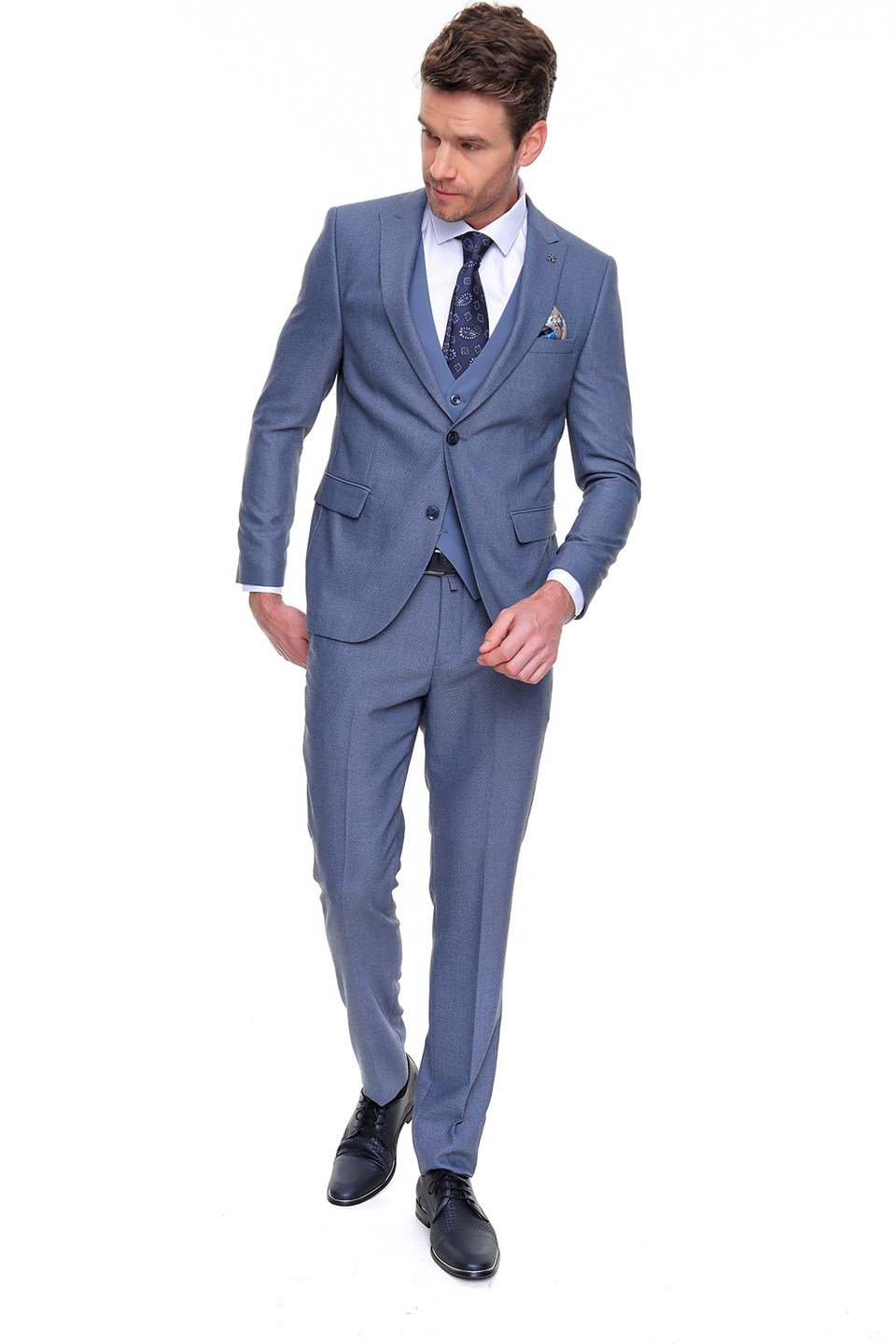  Morven Erkek Mavi Wolves  Kombinli Yelekli Slim Fit Dar Kesim 6 Drop Takım Elbise