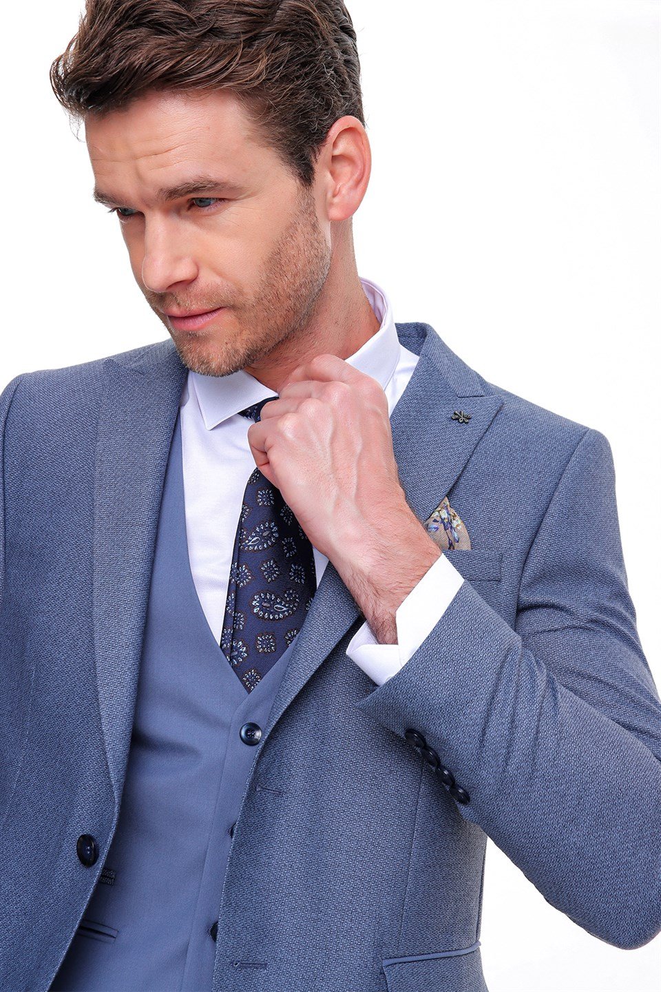  Morven Erkek Mavi Wolves  Kombinli Yelekli Slim Fit Dar Kesim 6 Drop Takım Elbise