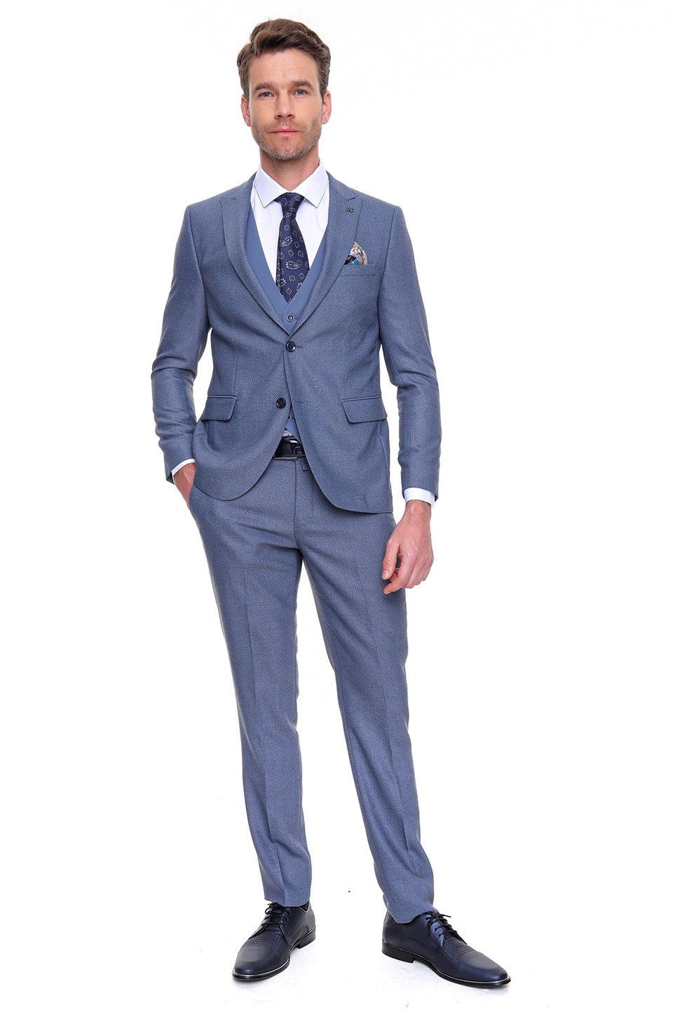  Morven Erkek Mavi Wolves  Kombinli Yelekli Slim Fit Dar Kesim 6 Drop Takım Elbise
