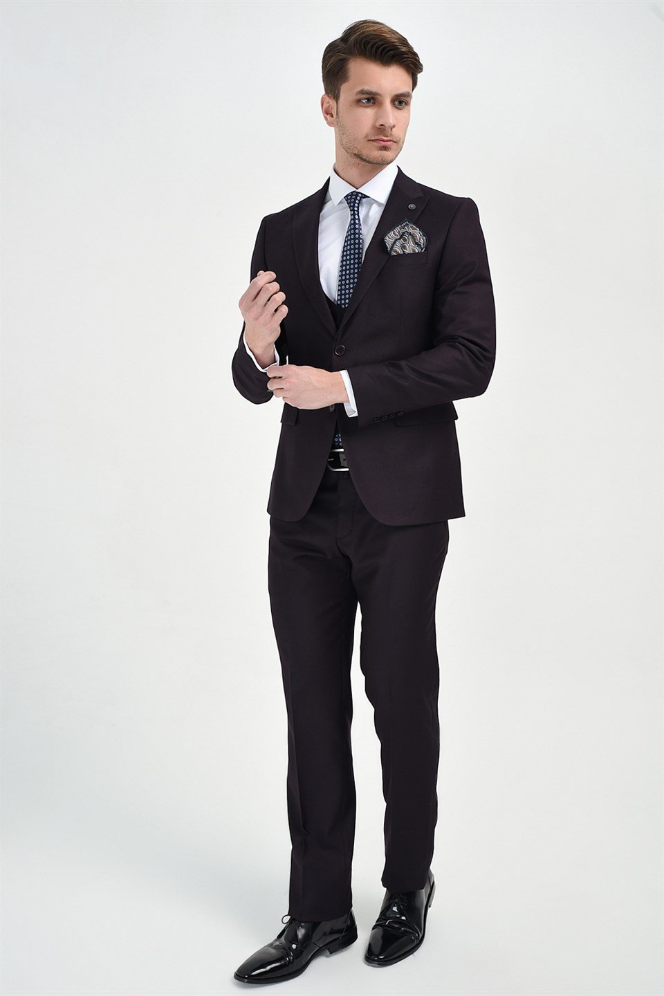  Morven Erkek Mürdüm Fredo Slim Fit Dar Kesim Yelekli 6 Drop Takım Elbise