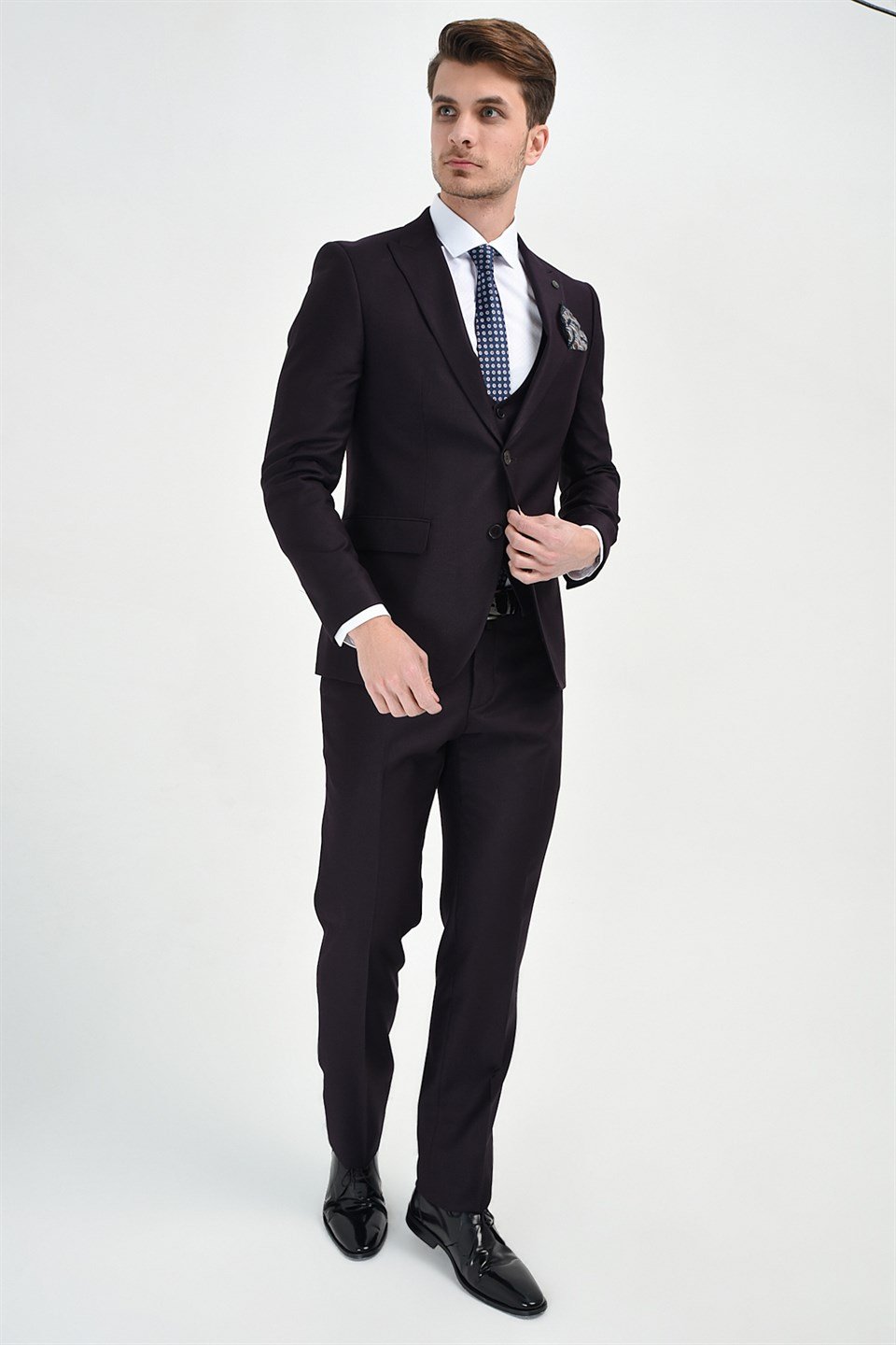  Morven Erkek Mürdüm Fredo Slim Fit Dar Kesim Yelekli 6 Drop Takım Elbise