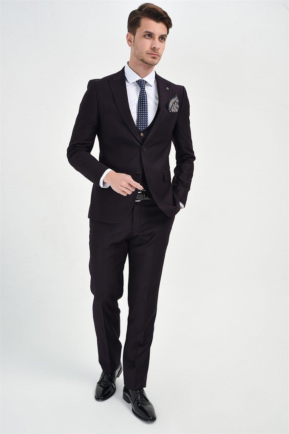  Morven Erkek Mürdüm Fredo Slim Fit Dar Kesim Yelekli 6 Drop Takım Elbise