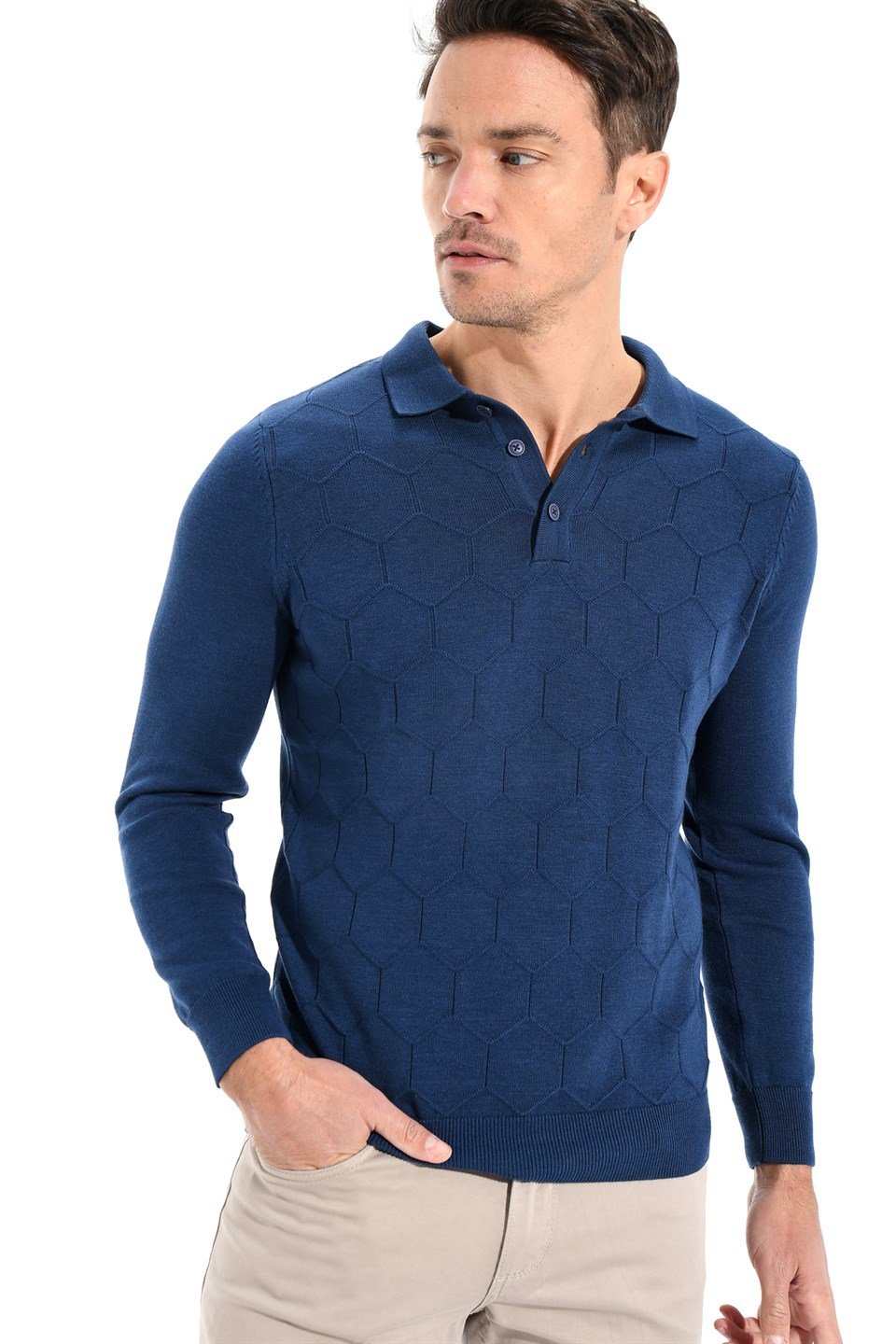  Morven Erkek Polo Düğmeli Yaka Dynamic Fit Rahat Kesim Petek Desenli Triko Kazak Saks Mavisi