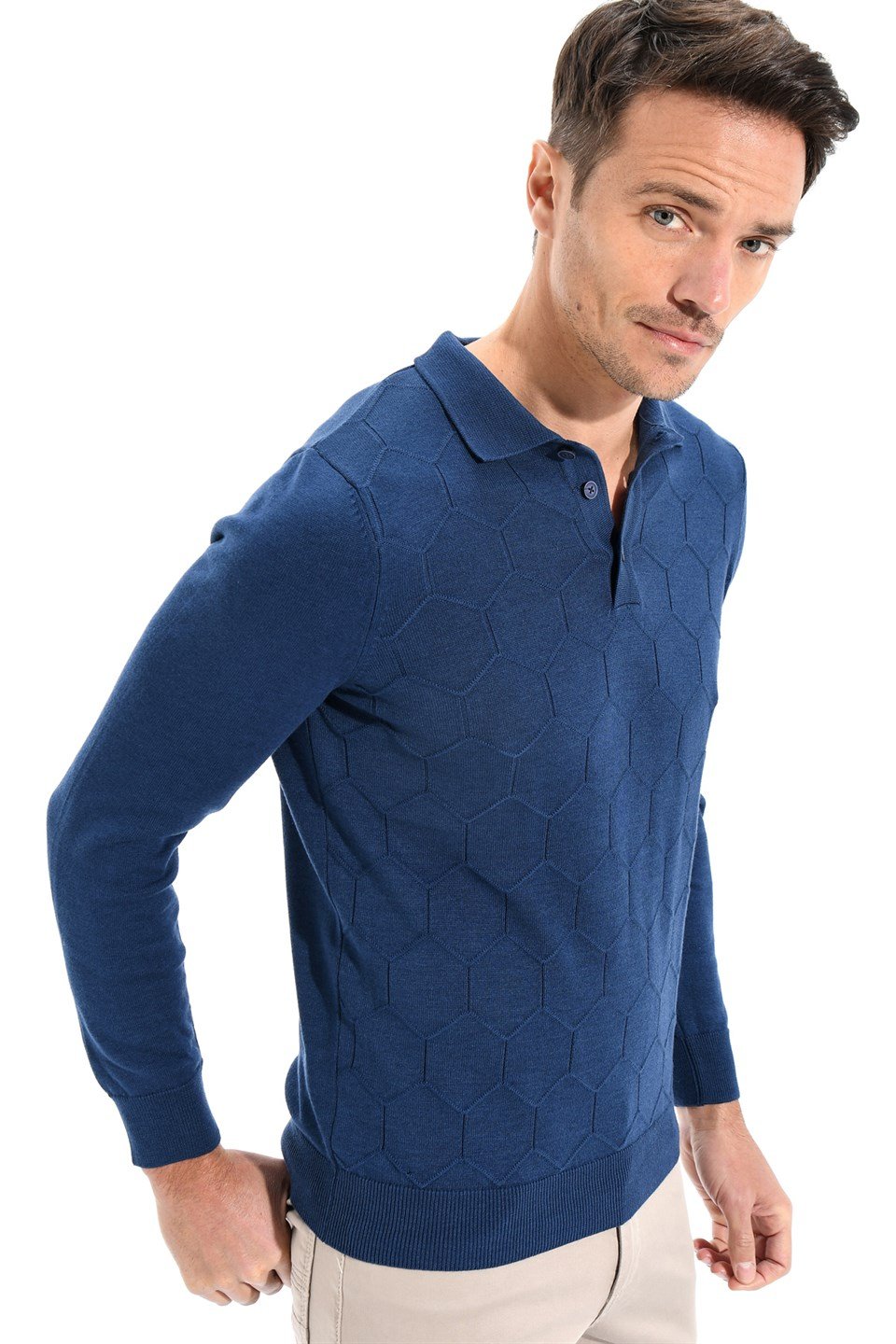  Morven Erkek Polo Düğmeli Yaka Dynamic Fit Rahat Kesim Petek Desenli Triko Kazak Saks Mavisi