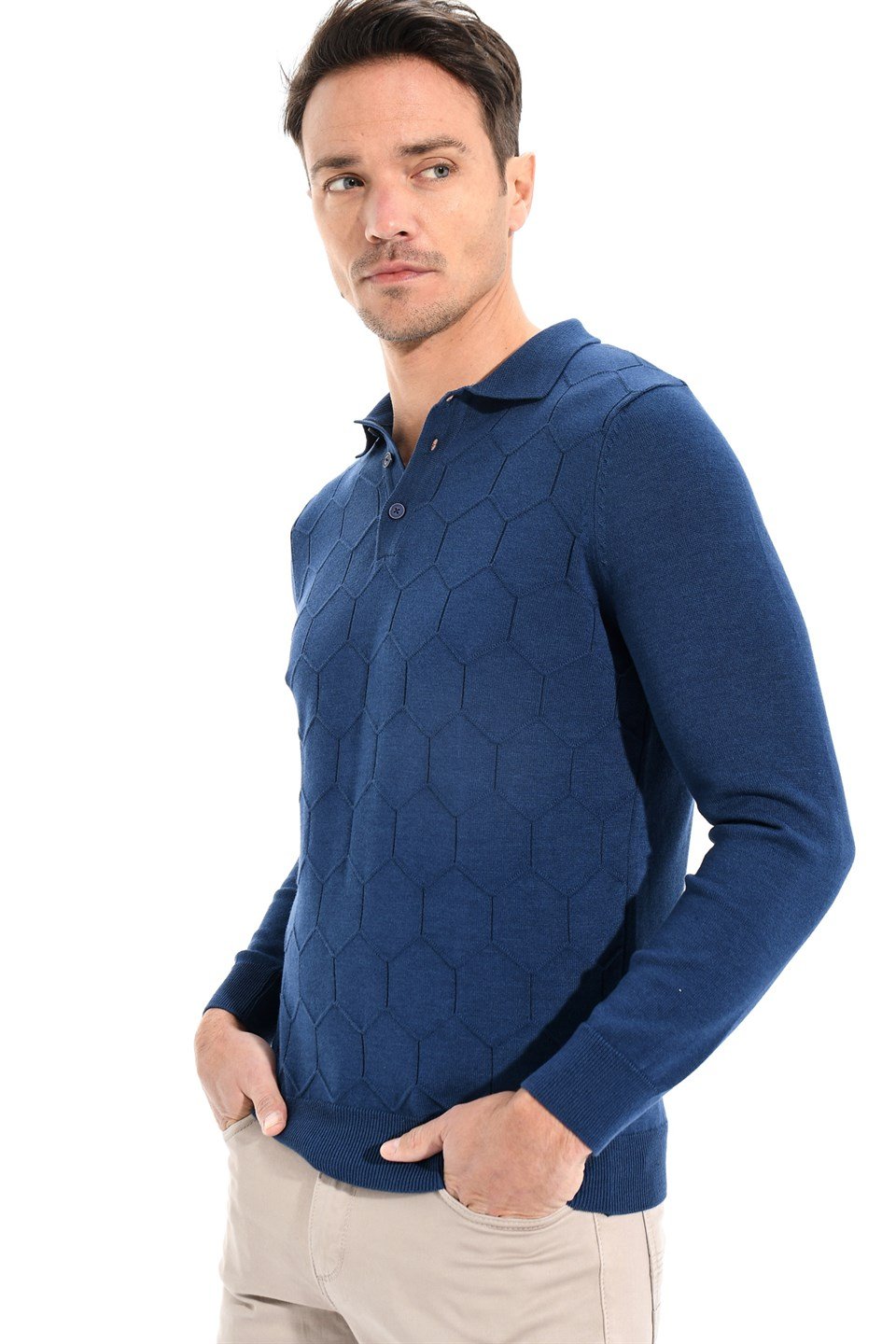  Morven Erkek Polo Düğmeli Yaka Dynamic Fit Rahat Kesim Petek Desenli Triko Kazak Saks Mavisi
