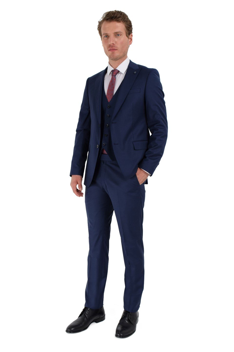  Morven Erkek Saks Mavisi Basic Düz Slim Fit Dar Kesim Yelekli Yün 8 Drop Takım Elbise