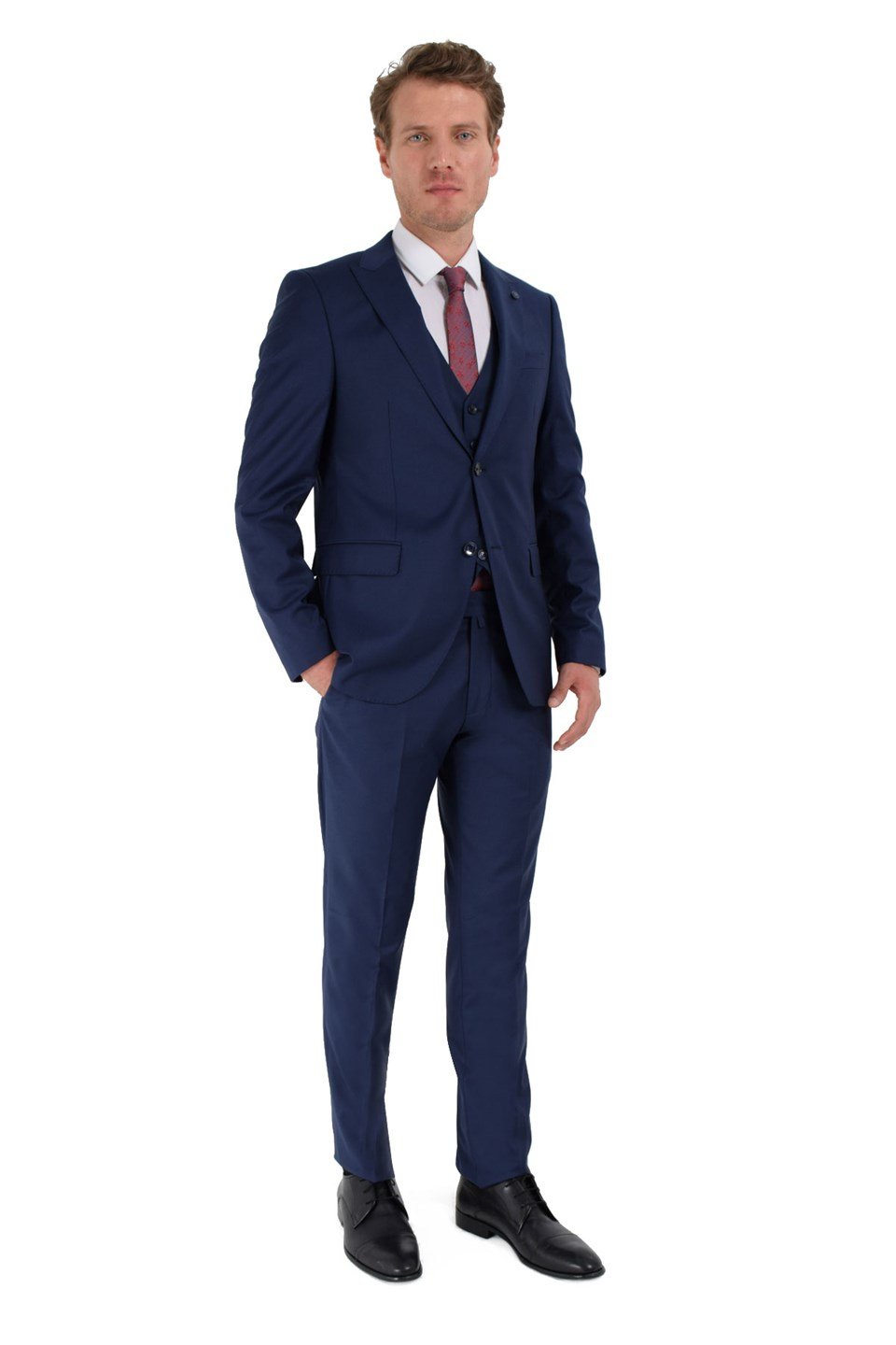  Morven Erkek Saks Mavisi Basic Düz Slim Fit Dar Kesim Yelekli Yün 8 Drop Takım Elbise
