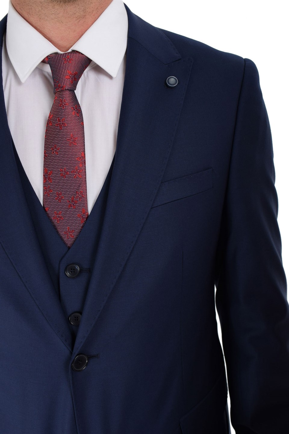  Morven Erkek Saks Mavisi Basic Düz Slim Fit Dar Kesim Yelekli Yün 8 Drop Takım Elbise