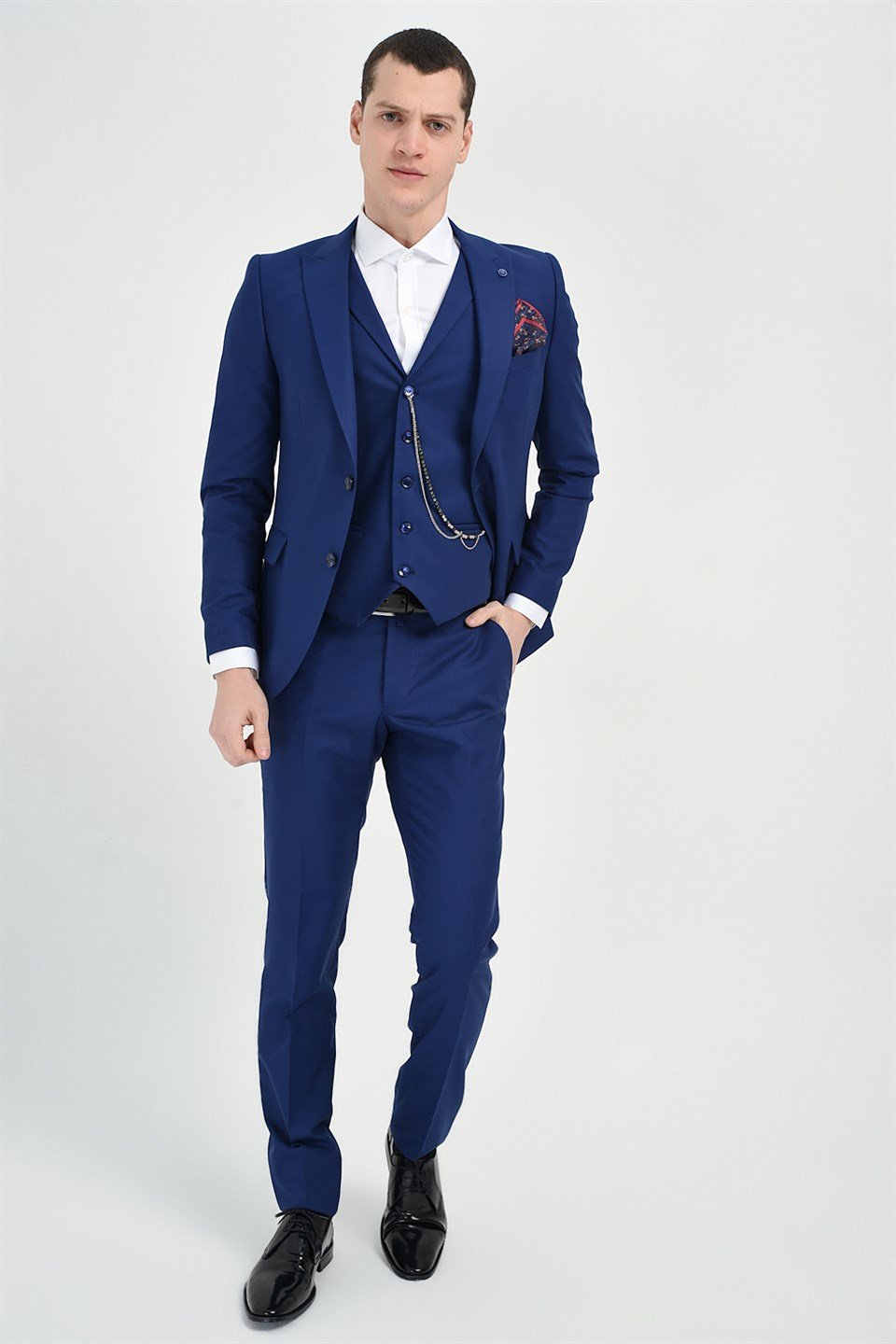  Morven Erkek Saks Mavisi Dubai Slim Fit Dar Kesim Yelekli 6 Drop Takım Elbise