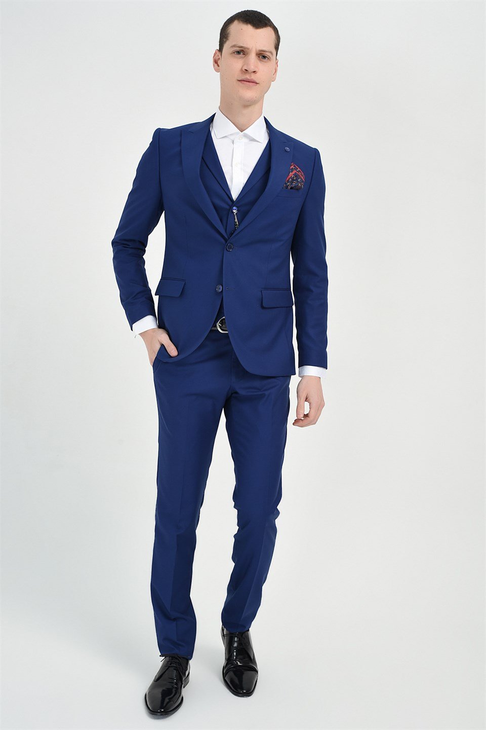  Morven Erkek Saks Mavisi Dubai Slim Fit Dar Kesim Yelekli 6 Drop Takım Elbise