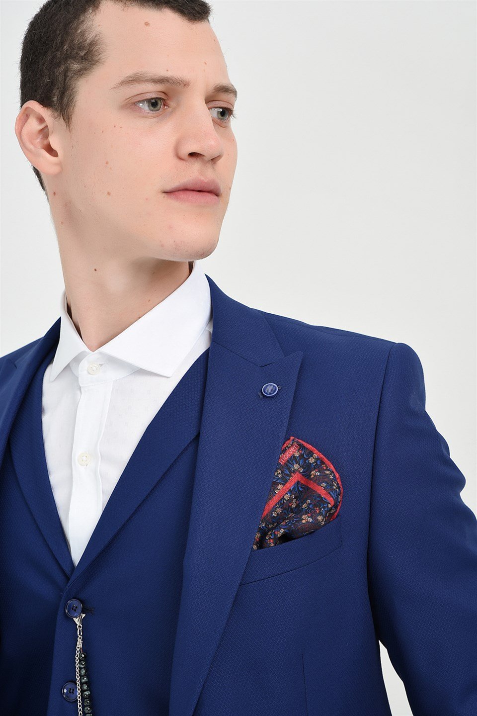  Morven Erkek Saks Mavisi Dubai Slim Fit Dar Kesim Yelekli 6 Drop Takım Elbise