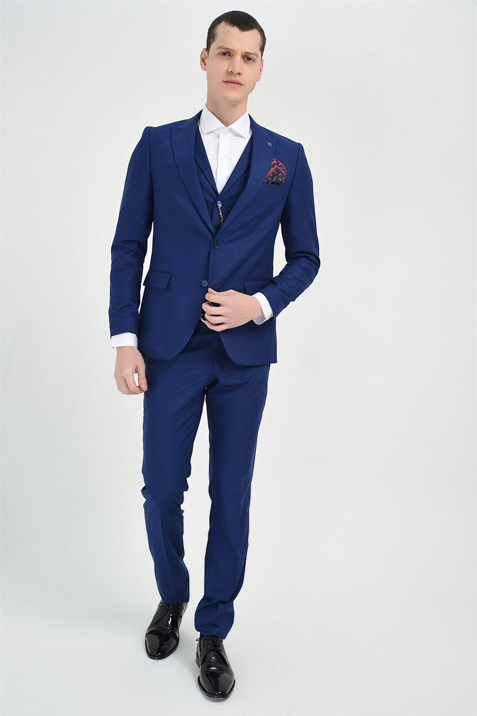  Morven Erkek Saks Mavisi Dubai Slim Fit Dar Kesim Yelekli 6 Drop Takım Elbise