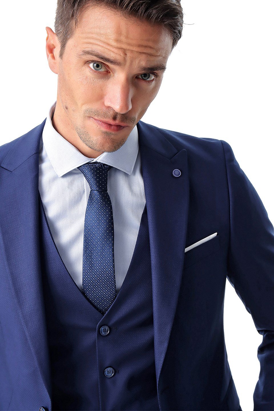  Morven Erkek Saks Mavisi Jakarlı Slim Fit Dar Kesim 6 Drop Takım Elbise