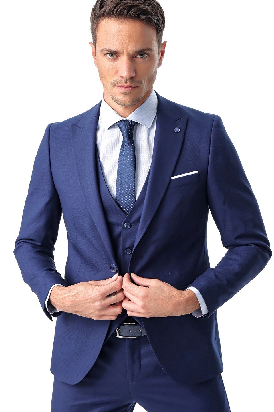  Morven Erkek Saks Mavisi Jakarlı Slim Fit Dar Kesim 6 Drop Takım Elbise