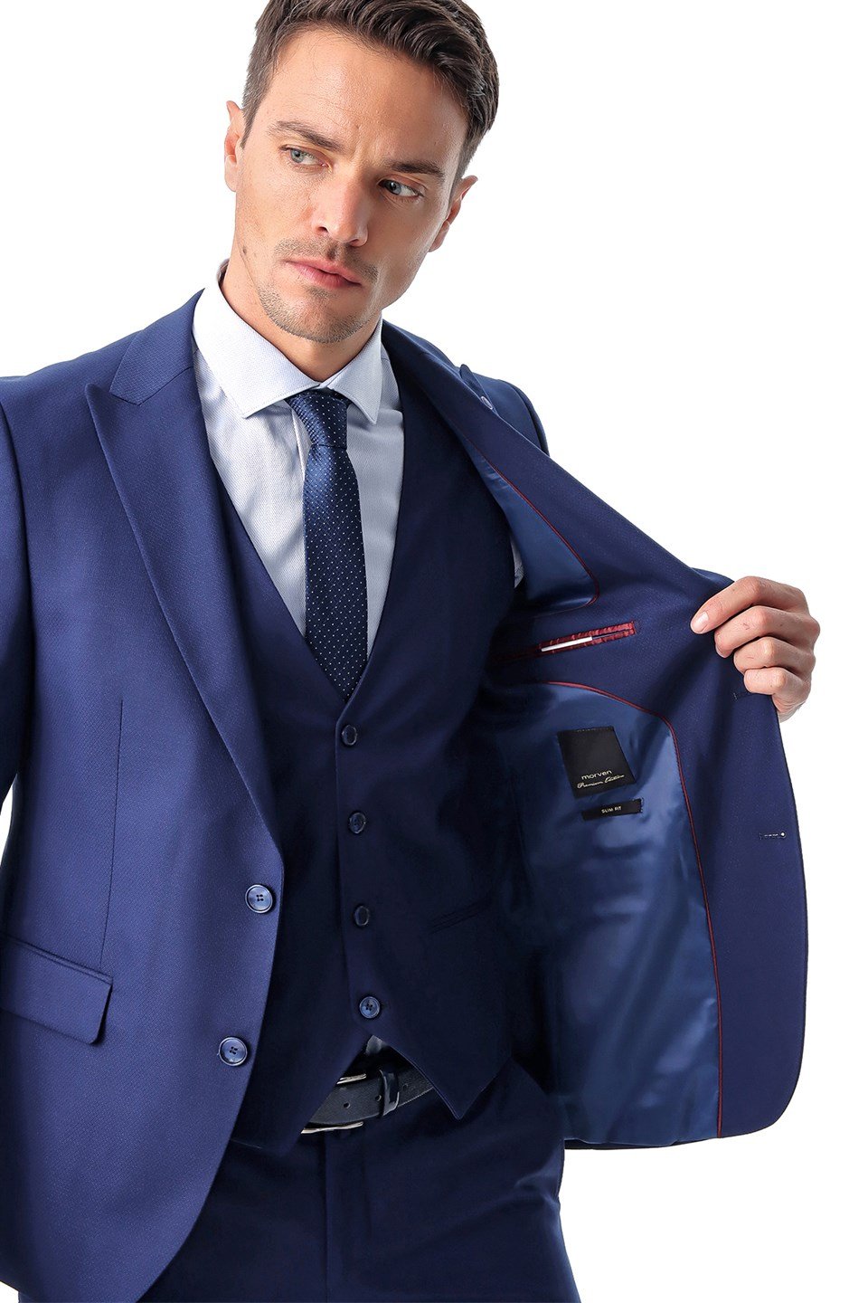  Morven Erkek Saks Mavisi Jakarlı Slim Fit Dar Kesim 6 Drop Takım Elbise
