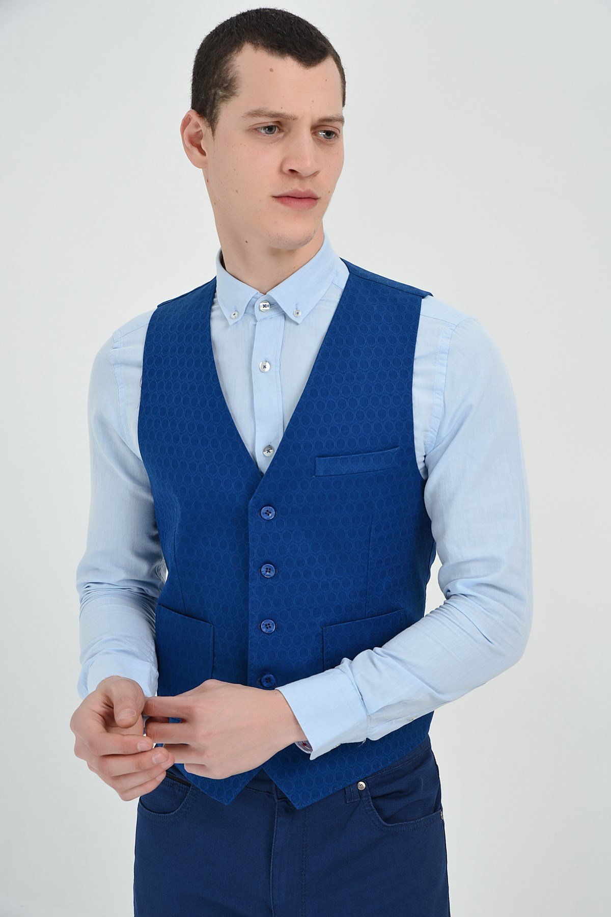  Morven Erkek Saks Mavisi Lost Slim Fit Jakarlı V Yaka Yelek