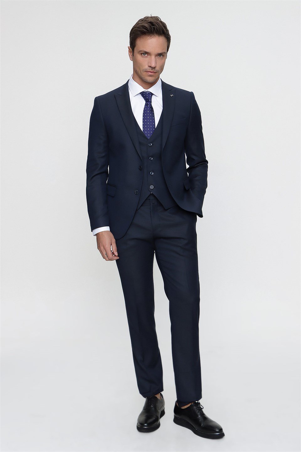  Morven Erkek Saks Mavisi Slim Fit Dar Kesim Jakarlı Yelekli 6 Drop Takım Elbise