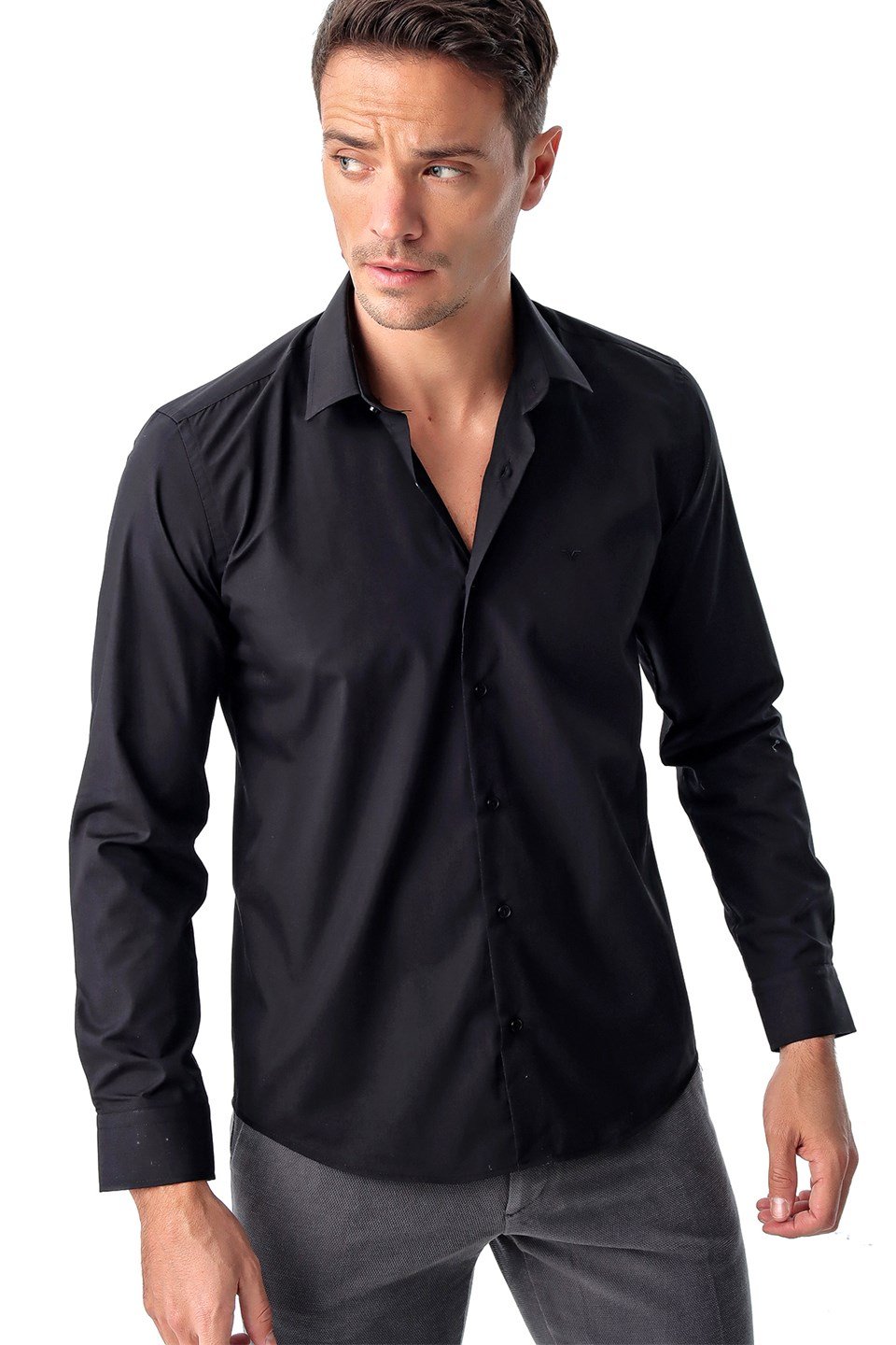  Morven Erkek Siyah Basic Slim Fit Dar Kesim Düz Sert Yaka Uzun Kollu Gömlek