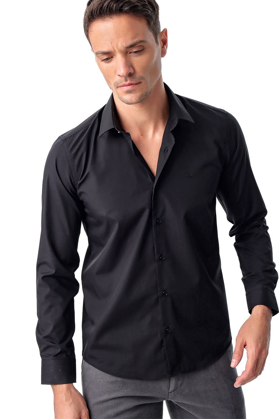  Morven Erkek Siyah Basic Slim Fit Dar Kesim Düz Sert Yaka Uzun Kollu Gömlek