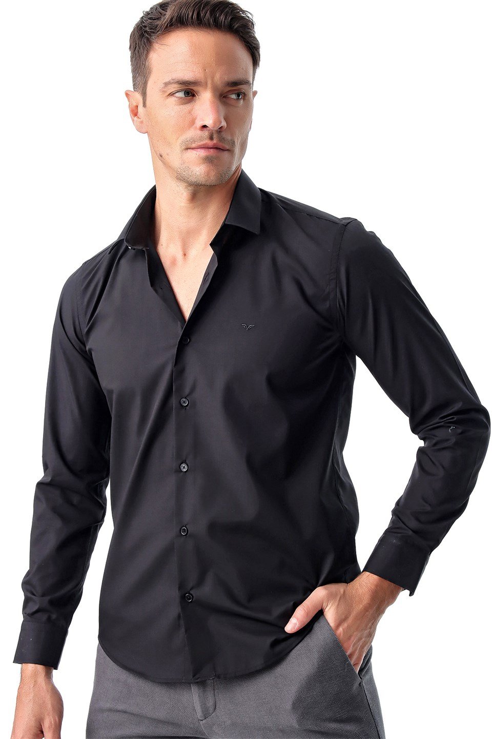  Morven Erkek Siyah Basic Slim Fit Dar Kesim Düz Sert Yaka Uzun Kollu Gömlek