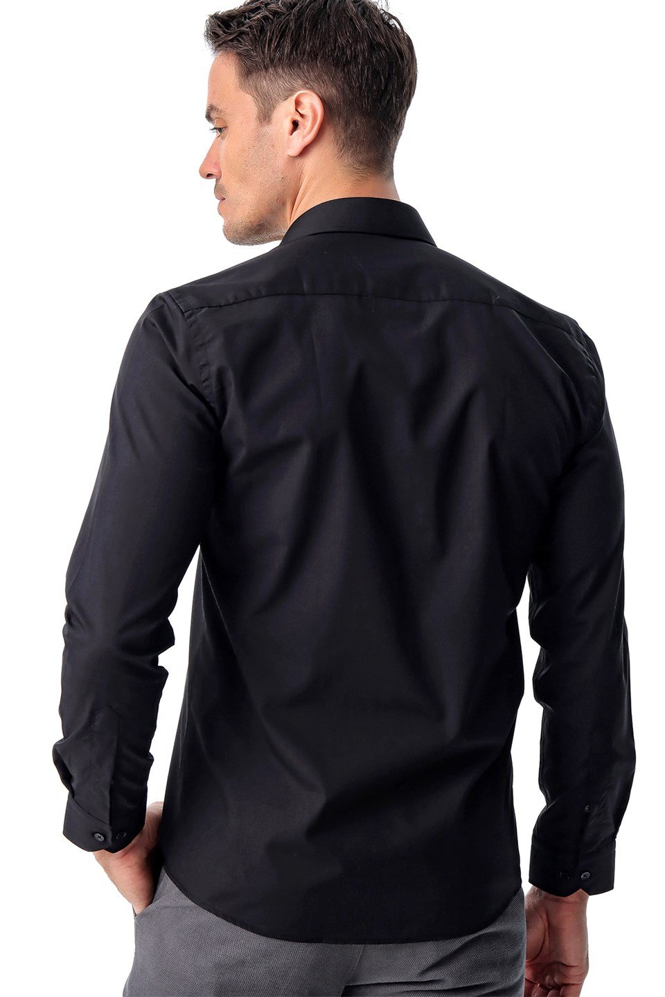  Morven Erkek Siyah Basic Slim Fit Dar Kesim Düz Sert Yaka Uzun Kollu Gömlek