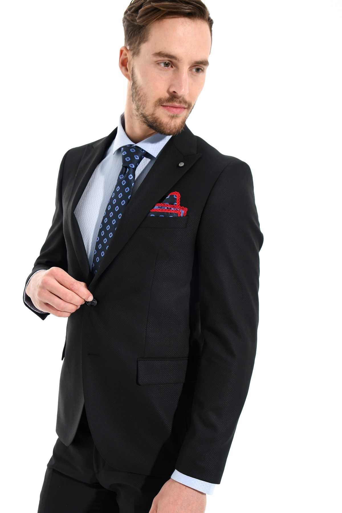  Morven Erkek Siyah Jakarlı Slim Fit Dar Kesim 6 Drop Takım Elbise