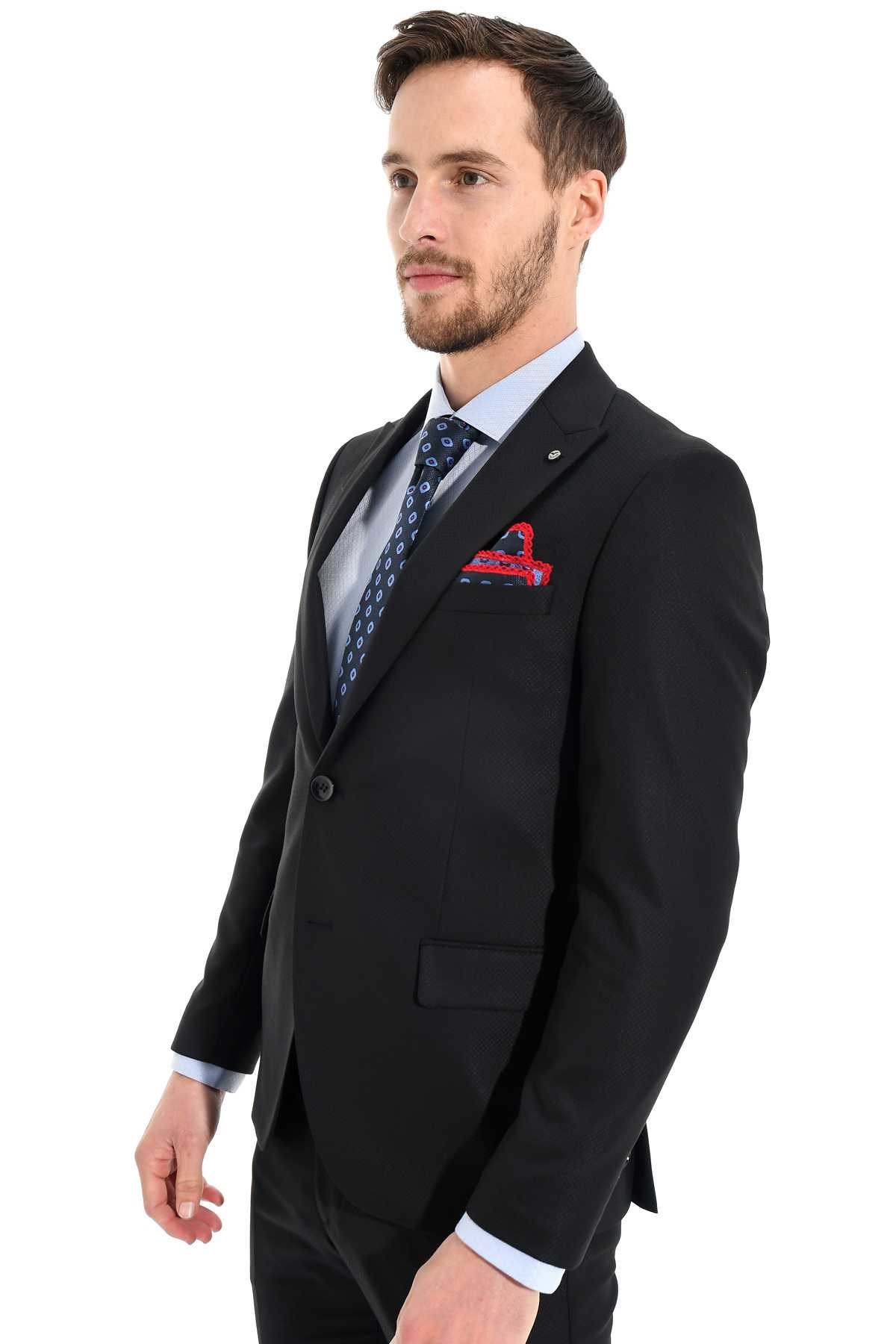  Morven Erkek Siyah Jakarlı Slim Fit Dar Kesim 6 Drop Takım Elbise