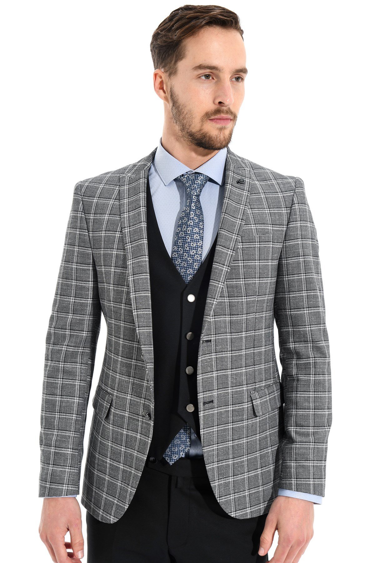  Morven Erkek Siyah Magen Kareli Yelekli Kombinli Slim Fit Dar Kesim 6 Drop Takım Elbise