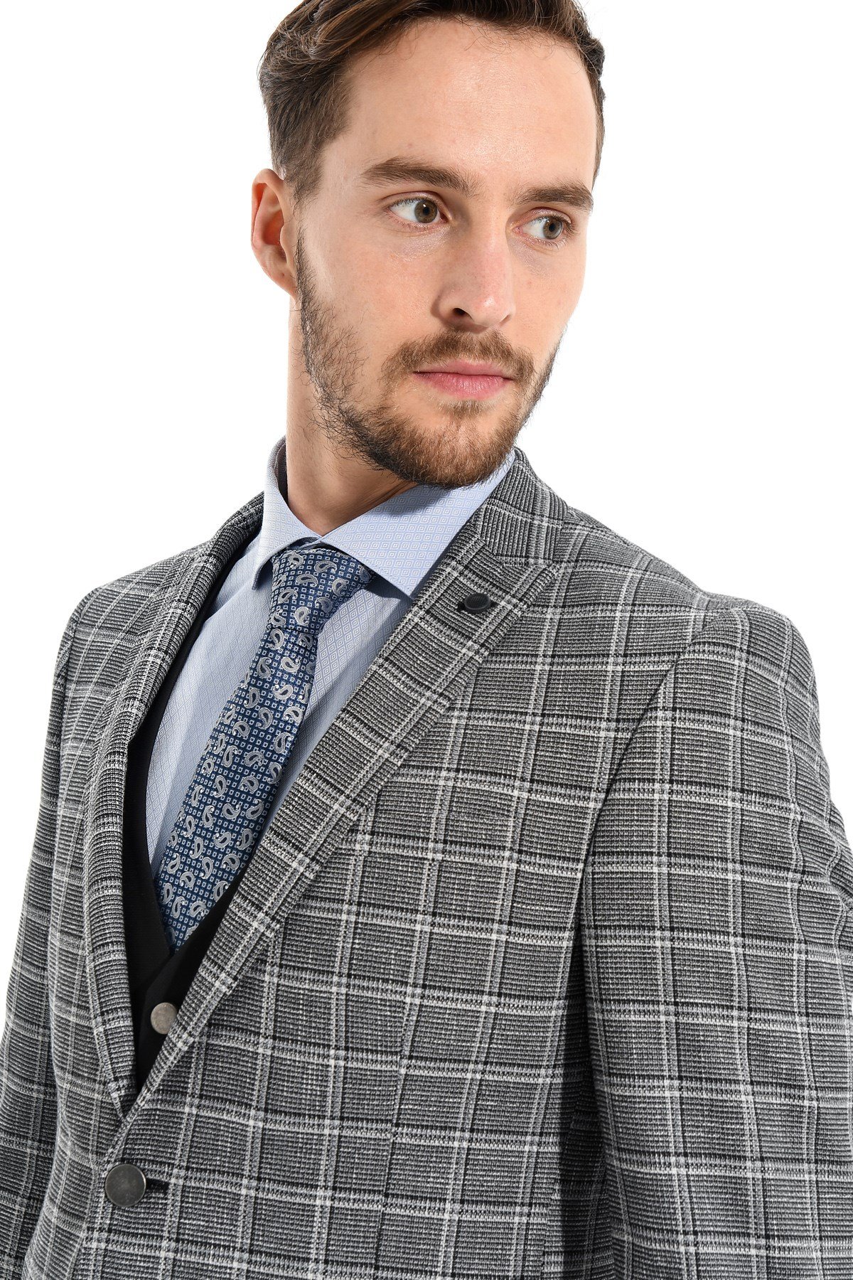  Morven Erkek Siyah Magen Kareli Yelekli Kombinli Slim Fit Dar Kesim 6 Drop Takım Elbise