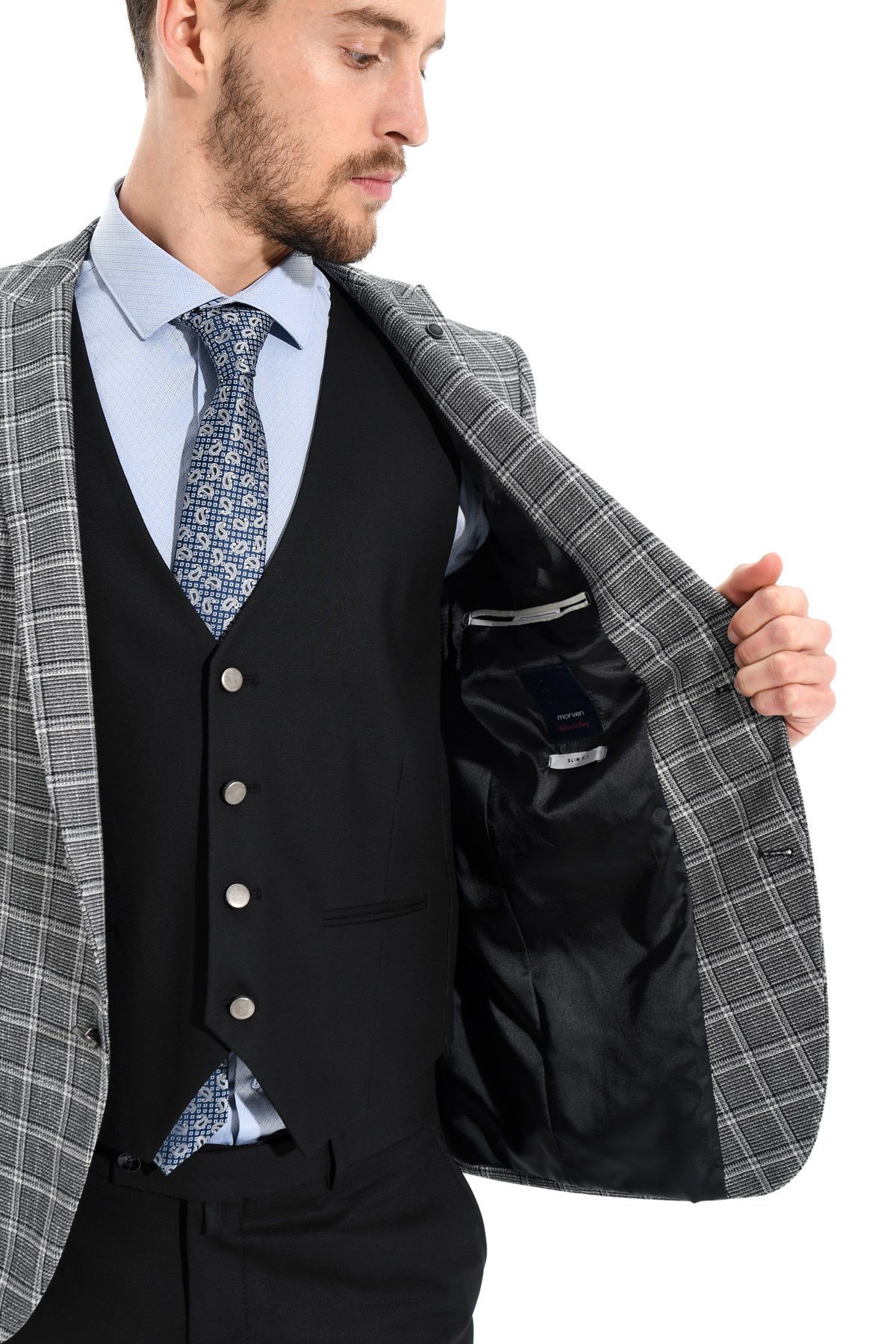  Morven Erkek Siyah Magen Kareli Yelekli Kombinli Slim Fit Dar Kesim 6 Drop Takım Elbise