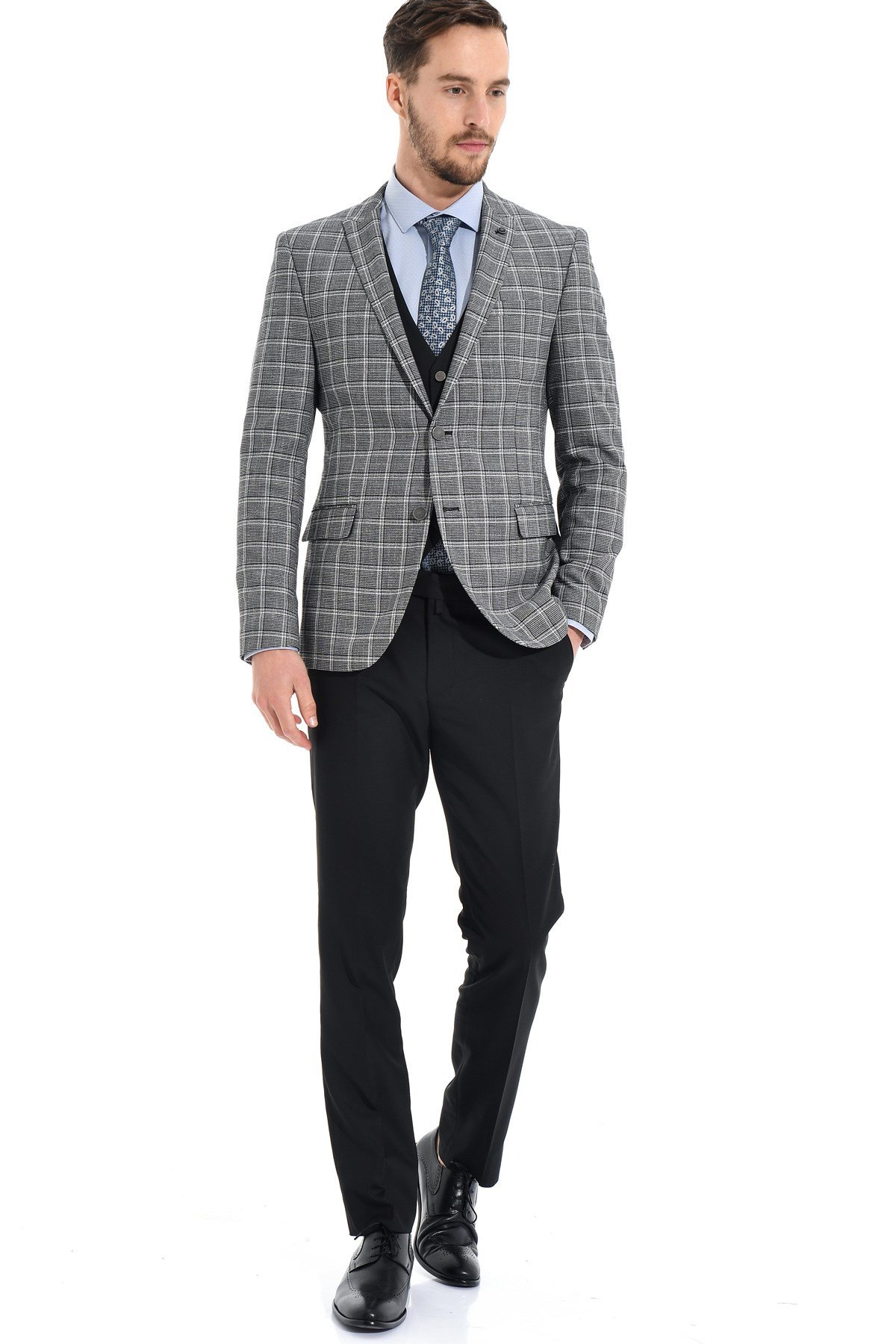  Morven Erkek Siyah Magen Kareli Yelekli Kombinli Slim Fit Dar Kesim 6 Drop Takım Elbise