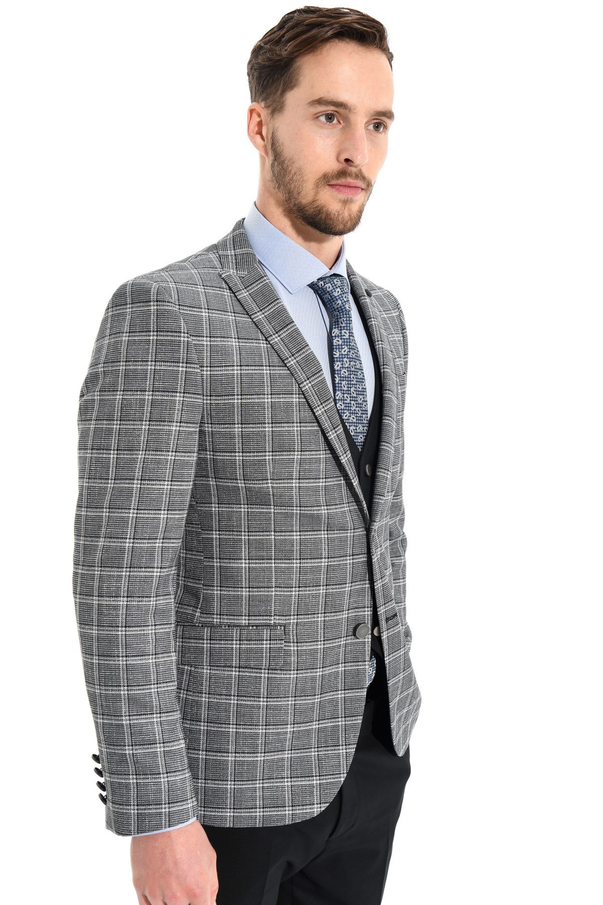  Morven Erkek Siyah Magen Kareli Yelekli Kombinli Slim Fit Dar Kesim 6 Drop Takım Elbise