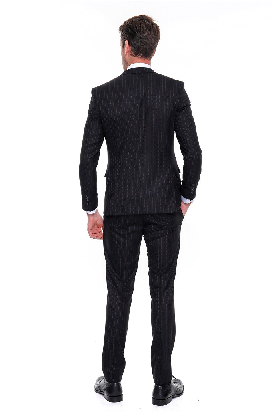  Morven Erkek Siyah Martez Çizgili Slim Fit Dar Kalıp Yelekli 6 Drop Takım Elbise