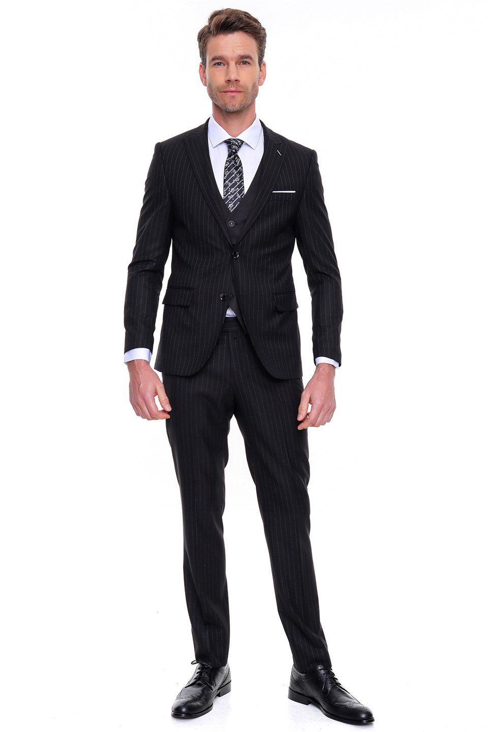  Morven Erkek Siyah Martez Çizgili Slim Fit Dar Kalıp Yelekli 6 Drop Takım Elbise